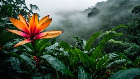 Flower in spring tropical rainforest, clouds over a wet forest, plant growth and environmental protection concept, wild jungle, springtime, AI Generated illustrationの素材