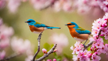Little spring bird on a branch of a blossoming tree, blooming pink flowers, songbird in springtime, AI Generated illustrationの素材