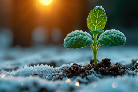 The first sprouts of new life in spring, snowdrop growing in the snow, green plant leaves in springtime, seed germination, sunlight, AI Generated illustrationの素材