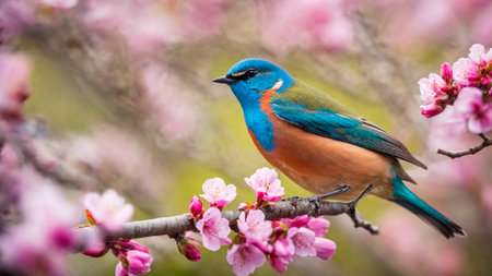 Little spring bird on a branch of a blossoming tree, blooming pink flowers, songbird in springtime, AI Generated illustrationの素材