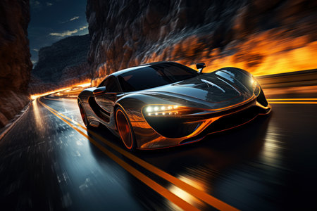 Futuristic sports super car in fast motion riding on highway road, night street racing on expensive exclusive luxury auto, AI Generated illustrationの素材