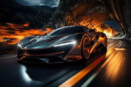 Futuristic sports super car in fast motion riding on highway road, night street racing on expensive exclusive luxury auto, AI Generated illustrationの素材