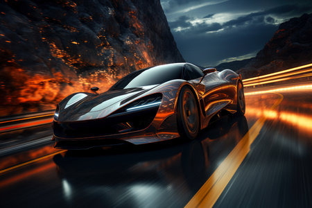 Futuristic sports super car in fast motion riding on highway road, night street racing on expensive exclusive luxury auto, AI Generated illustrationの素材
