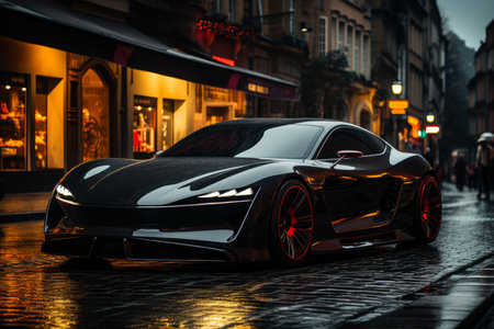 Futuristic sports super concept car in the city, street racing on expensive exclusive luxury auto, AI Generated illustrationの素材