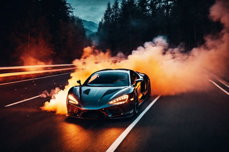 Sports super car in fast motion riding on highway road, night street racing and drifting on expensive exclusive luxury auto, AI Generated illustrationの素材