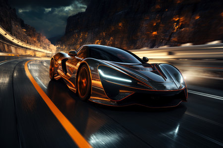 Futuristic sports super car in fast motion riding on highway road, night street racing on expensive exclusive luxury auto, AI Generated illustrationの素材
