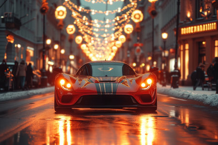 Futuristic sports super concept car in the city, street racing on expensive exclusive luxury auto, AI Generated illustrationの素材