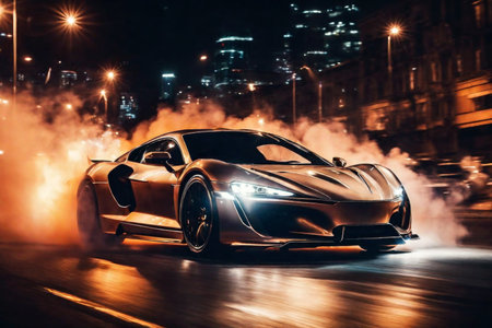 Sports super car in fast motion riding on highway road, night street racing and drifting on expensive exclusive luxury auto, AI Generated illustrationの素材