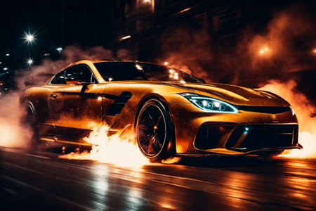 Sports super car in fast motion riding on highway road, night street racing and drifting on expensive exclusive luxury auto, AI Generated illustrationの素材