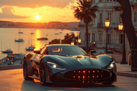 Futuristic sports super concept car on the street of a European city, street racing on expensive exclusive luxury auto, AI Generated illustrationの素材