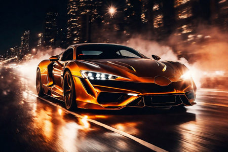Sports super car in fast motion riding on highway road, night street racing and drifting on expensive exclusive luxury auto, AI Generated illustrationの素材