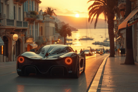 Futuristic sports super concept car on the street of a European city, street racing on expensive exclusive luxury auto, AI Generated illustrationの素材