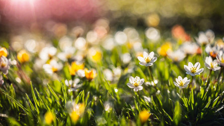 Spring flowers on a green meadow with contoured sunlight, beautiful wallpaper with bokeh, springtime, AI Generated illustrationの素材