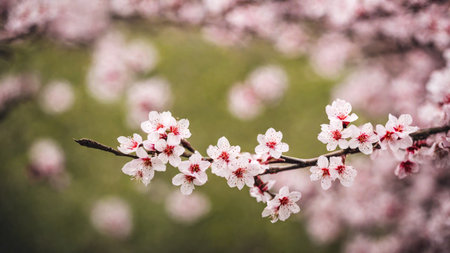 Cherry blossom branch with pink flowers, blossom sakura branch closeup, spring background with bokeh, AI Generated illustrationの素材