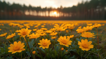 Yellow spring flowers on a meadow with contoured sunlight, beautiful nature wallpaper, springtime, AI Generated illustrationの素材