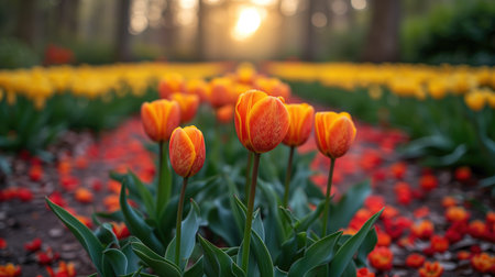Red and yellow tulips, spring flowers on a meadow with contoured sunlight, beautiful nature wallpaper, springtime, AI Generated illustrationの素材