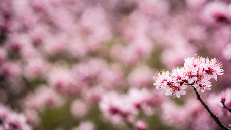 Cherry blossom branch with pink flowers, blossom sakura branch closeup, spring background with bokeh, AI Generated illustrationの素材
