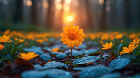 Yellow spring flowers on a meadow with contoured sunlight, beautiful nature wallpaper, springtime, AI Generated illustrationの素材