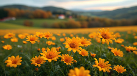 Yellow spring flowers on a meadow, beautiful nature wallpaper, springtime, AI Generated illustrationの素材
