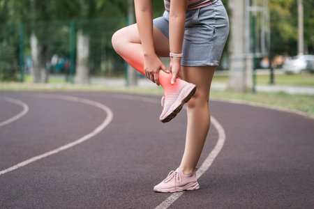 Achilles tendon injury, callus on the heel while running, foot pain, woman suffering from feet ache on a sports ground, podiatry conceptの写真素材