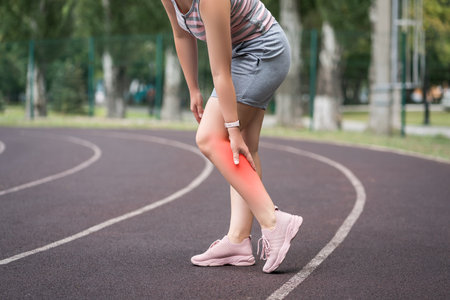 The woman's calf muscle cramped, massage of female leg on a sports ground after workout, health problems conceptの写真素材