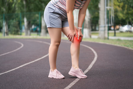 Diseases of the knee joint, bone fracture and inflammation, athletic woman on a running track after workout suffering from pain in leg and doing self-massage, healthy lifestyle conceptの写真素材