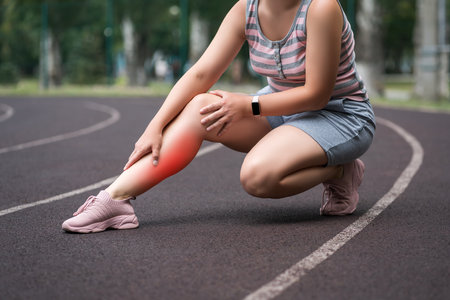 The woman's calf muscle cramped, massage of female leg on a sports ground after workout, health problems conceptの写真素材