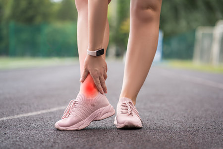 Achilles tendon injury, callus on the heel while running, foot pain, woman suffering from feet ache on a sports ground, podiatry conceptの写真素材