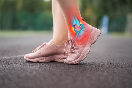Achilles tendon injury, joint inflammation, foot pain, woman suffering from feet ache on a running track, podiatry concept, healthy lifestyleの写真素材