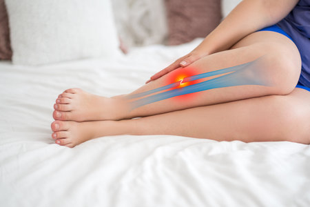 Fibula fracture, broken leg, woman suffering from pain, accident at home, health problems conceptの写真素材