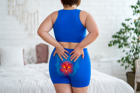 Tailbone pain, coccyx fracture, woman suffering from coccygodynia at home, health problems conceptの写真素材