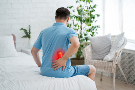 Back pain, kidney stones, inflammation and disease, man suffering from backache at home, health...