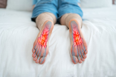 Joint diseases, hallux valgus, plantar fasciitis, man's leg hurts, foot pain, health problems conceptの写真素材