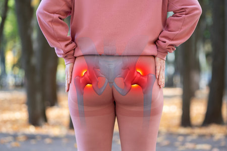 Hip dysplasia, joint inflammation, woman suffering from pain after workout, pelvic osteoarthritis,...