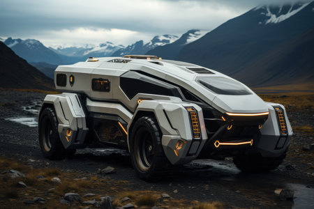 Futuristic off-road truck of the future in the wilderness, AI Generated illustrationの素材