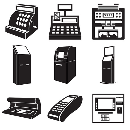 Icons of devices for money: cash register, bill counter, ATM, payment terminal, currency detector.のイラスト素材