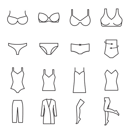 Set of lingerie icons. Black linear icons isolated on a white backgound. Vector illustrationのイラスト素材