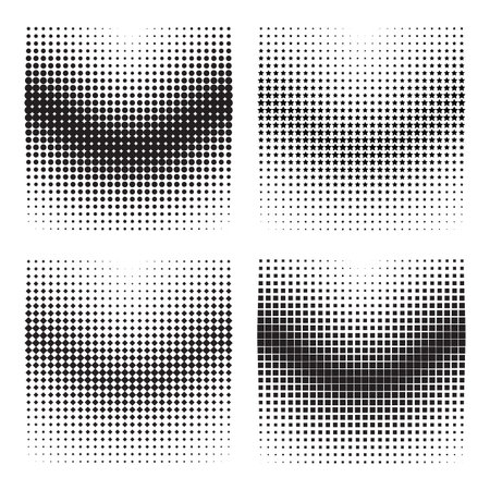 Halftone gradient effects. Variations of dots, stars, squares, and diamonds. Vector illustrationのイラスト素材