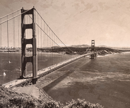 San Francisco Golden Gate Bridge in sepia tone with canvas effectの写真素材