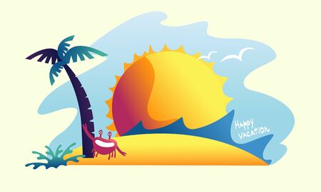 Bright illustration with a crab on the beach. Summer holidays by the sea.のイラスト素材
