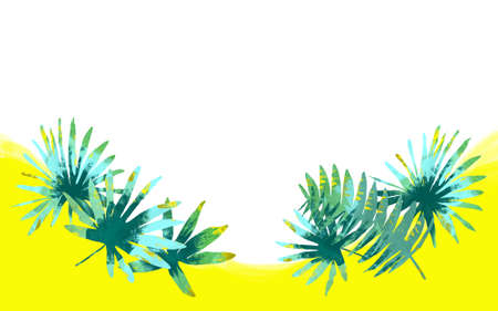 Postcard with a beach and tropical leaves. Beautiful texture.の写真素材