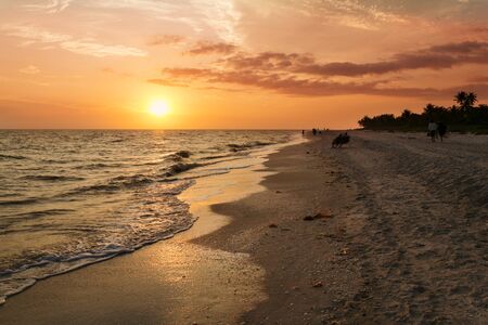 Beach goers stand in observance of a colorful sunset on the beach of Sanibel island, Floridaの写真素材