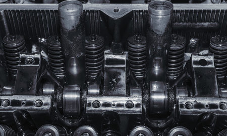 Car engine close up. Black and white. Auto service industry.の写真素材