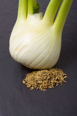 Close up of Single Fennel bulb and Fennel seeds on background of dark slate.の写真素材