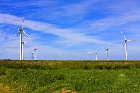 Wind farm set in the rolling hills of Fala Moor, Midlothian, Scotland.