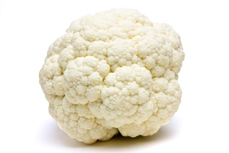 Pre Packed Cauliflower stripped of leafs isolated against white from low perspective.の写真素材