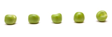 Fresh Pea Pods from low perspective isolated against white background.の写真素材