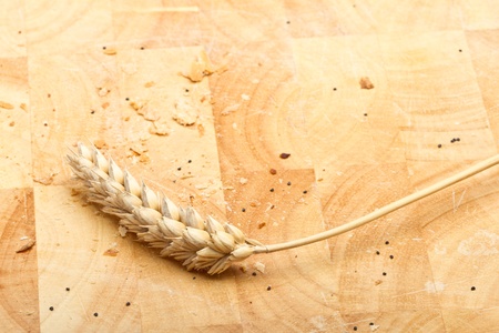 Dried ear of cereal crop on wooden bread board with crumbs and poppy seeds.の写真素材