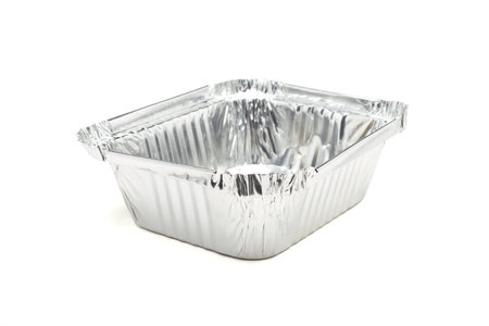 Empty food carton from low perspective isolated on white.の写真素材