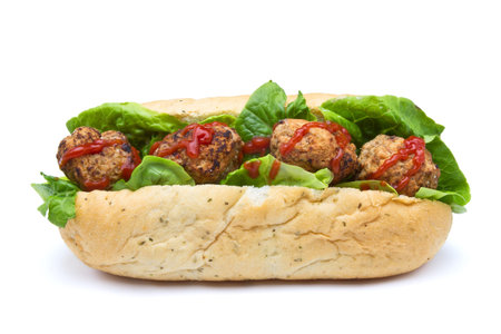 Meatball Sub Sandwich from low perspective isolated on white.の写真素材